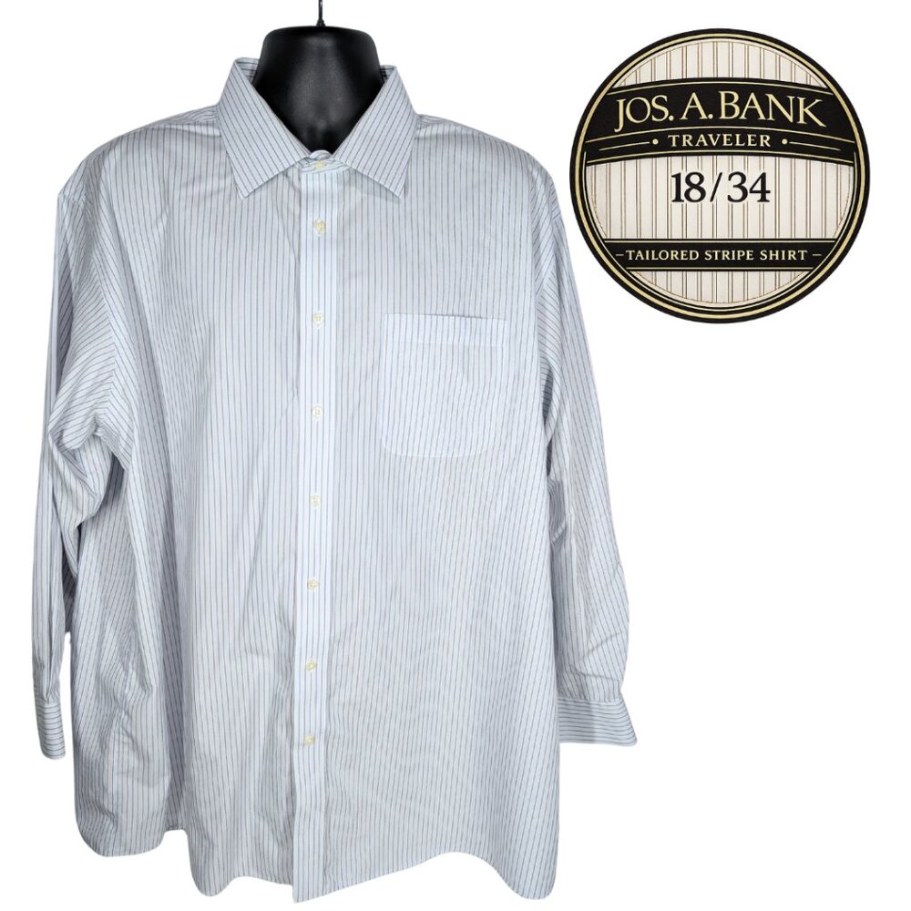 Jos A Bank Traveler 18 34 White Brown Stripe Dress Shirt Cotton